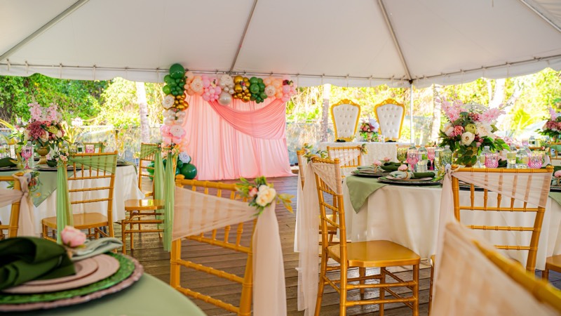 Sage place settings and pink glassware facing a blush draped backdrop with pastel balloons.